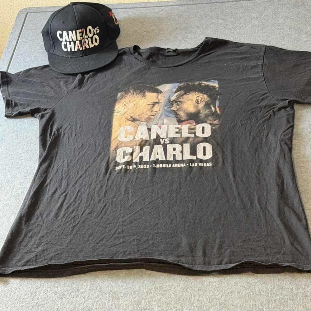Canelo Alvarez Vs Charlo Men's XXL Black 2023 Las Vegas Boxing Tee/ OS Fight Cap